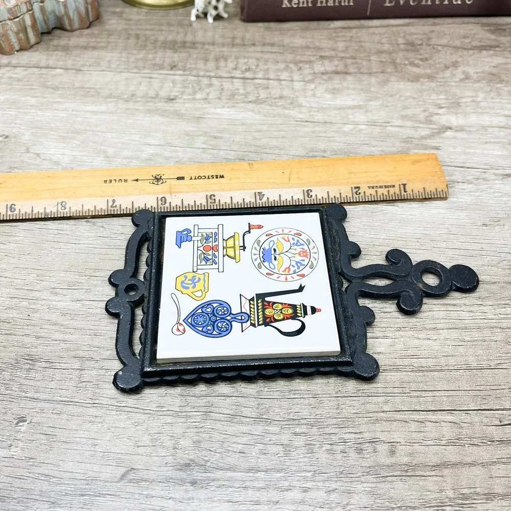 Vintage Cast Iron Ceramic Tile Trivet Japan Folk Art Scandinavian Kitchen Decor